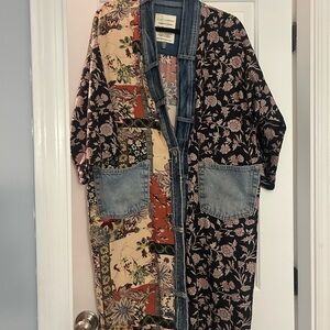 Mixed Floral Patchwork Kimono/ Duster with Denim Trim - Black/Multi